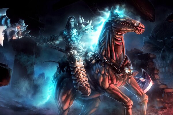 Art painting. darksiders 2. loyvet pierre. death rider, undead on horseback