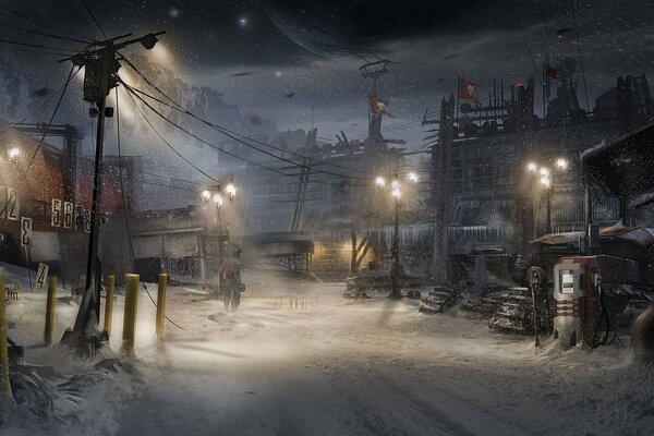 Ein Mann in einer verlassenen verschneiten Stadt