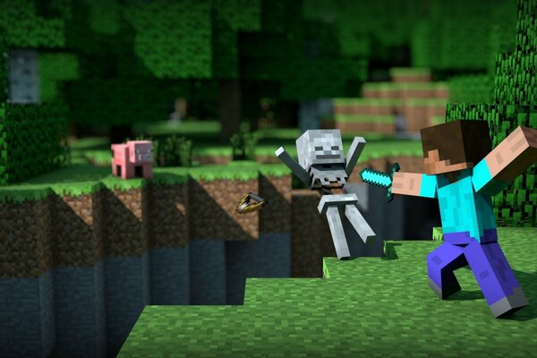 Le héros de minecraft pousse l ennemi dans l abîme