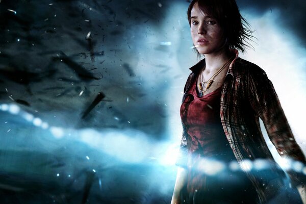 A picture from the game beyond: two souls. Girl on the background of debris
