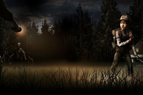 Niño asustado en un bosque oscuro tratando de escapar de los zombies