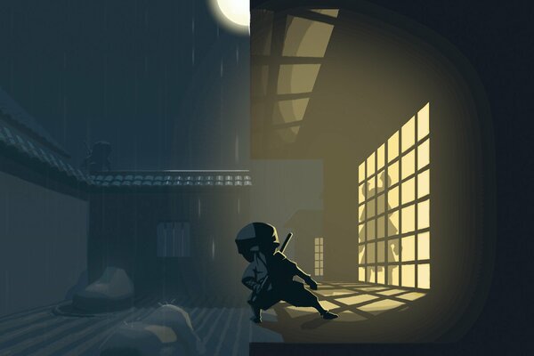 Mini-Ninja in der Nacht im Haus am Fenster mit Sätzen