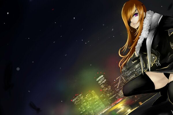 A fantasy image of a red-haired girl in the anime style against the background of a night city