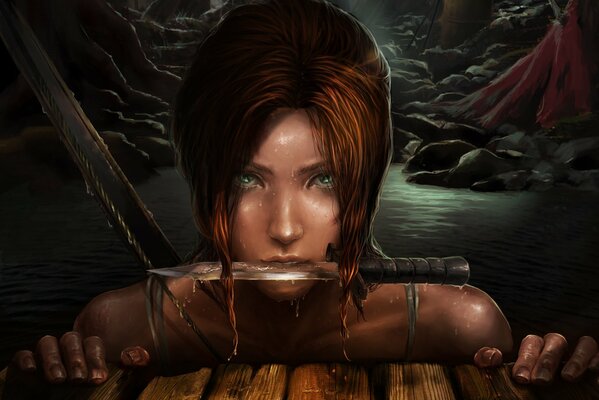 Fearless Lara Croft in a dark cave