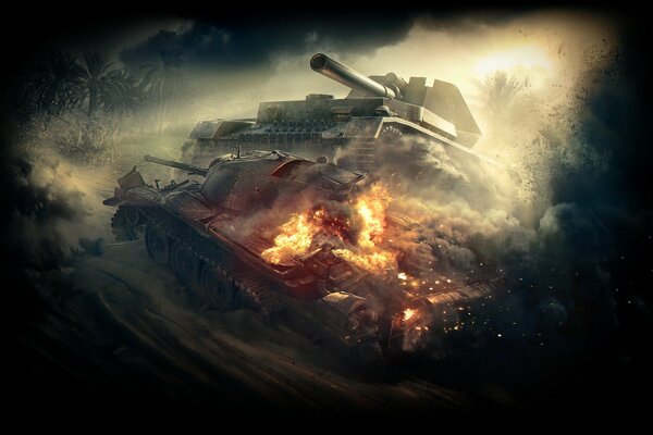 Ein Panzer mit einer Kanonenblase auf einer Anhöhe in Flammen