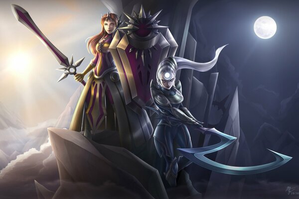 Art Rysunek League of Legends Diana z mieczem w dłoni na tle dnia i nocy przy runie