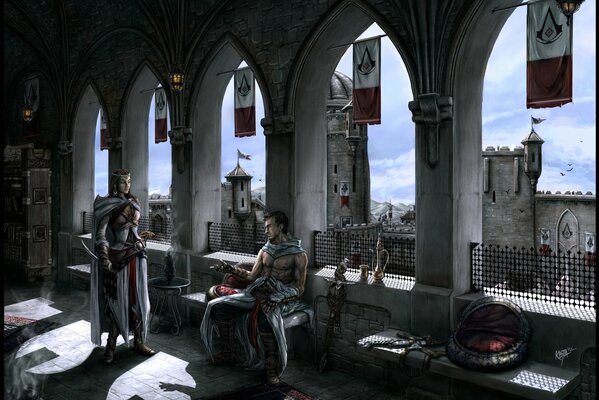 Una foto del gioco Assassins creed. Uomo e ragazza