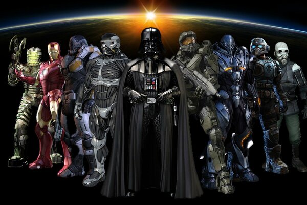 Darth Vader at the head of a squad of super heroes