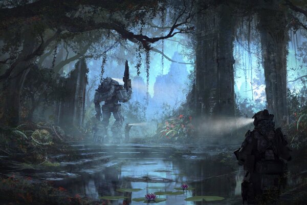Arte titanfall. Robot y soldado en el bosque