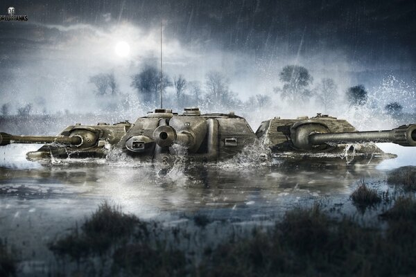 Three tanks in the water in the rain. Wot
