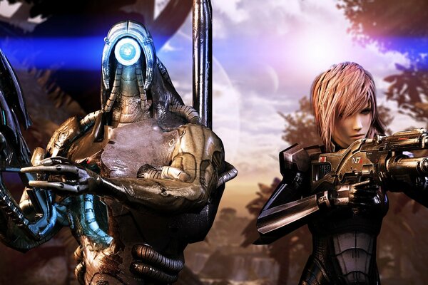 Art from mass effect with a girl and a geth