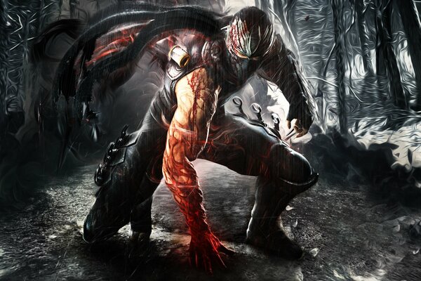 Парень ninja gaiden применяет силу