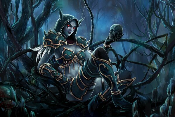 World of warcraft elf girl skull in the forest