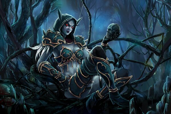 Mondo di Warcraft ragazza elfo cranio nella foresta