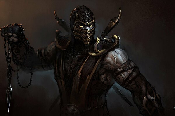 Fan art of a scorpion from mortal kombat in a mask and with a knife