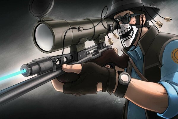 Снайпер в шляпе очках и платке наводит прицел с винтовки
