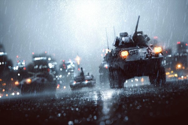 Battlefield 4 strada bagnata notturna sotto la pioggia