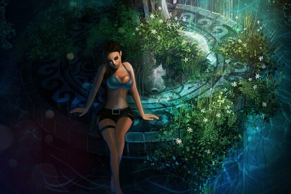 Lara krft sitzt in shorts am Blumenbrunnen