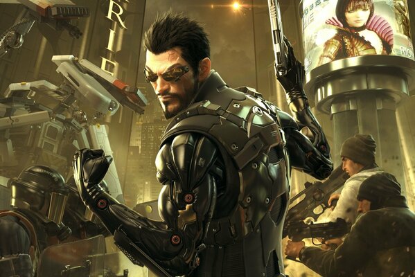 Der Charakter des Spiels deus ex steht mit einer Pistole in den Händen mit dem Rücken