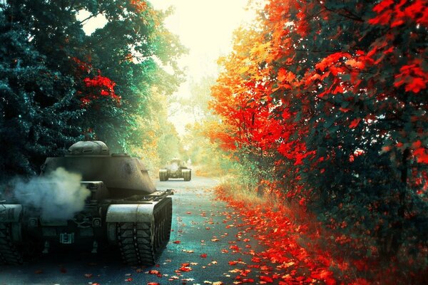 Tanques en el bosque de otoño de wot