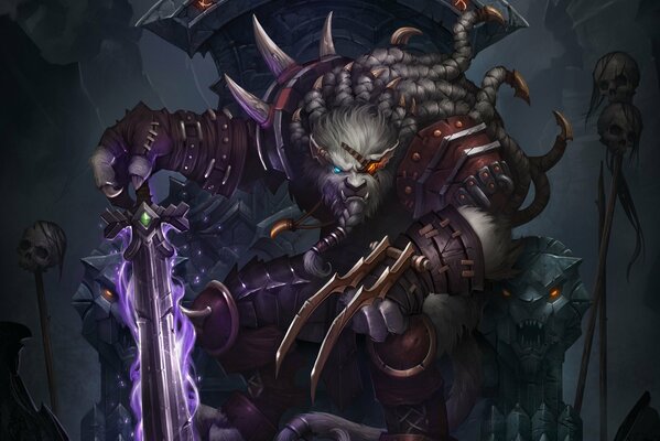 League of Legends a beast with a burning sword with beasts in the background