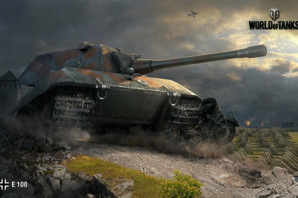 German heavy tank in the rising dust