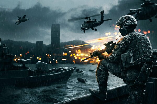 A screenshot from the game battlefield 4 - a soldier by the river with a weapon against the background of military equipment