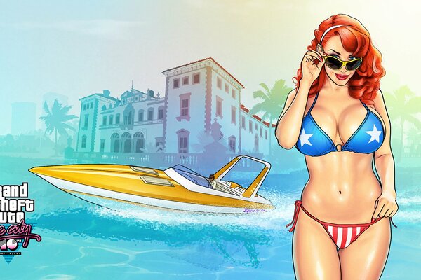 Ragazza in bikini sullo sfondo di barca e Villa