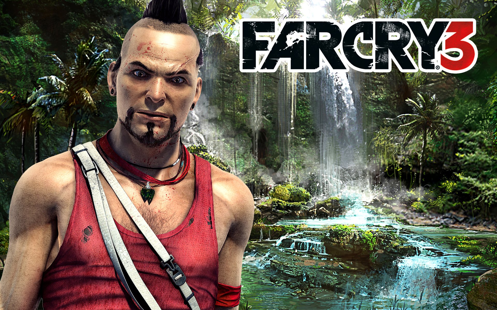 far cry 3 vaas montenegro mirada cicatriz medallón cascada palmeras piedras agua diadema logotipo logotipo