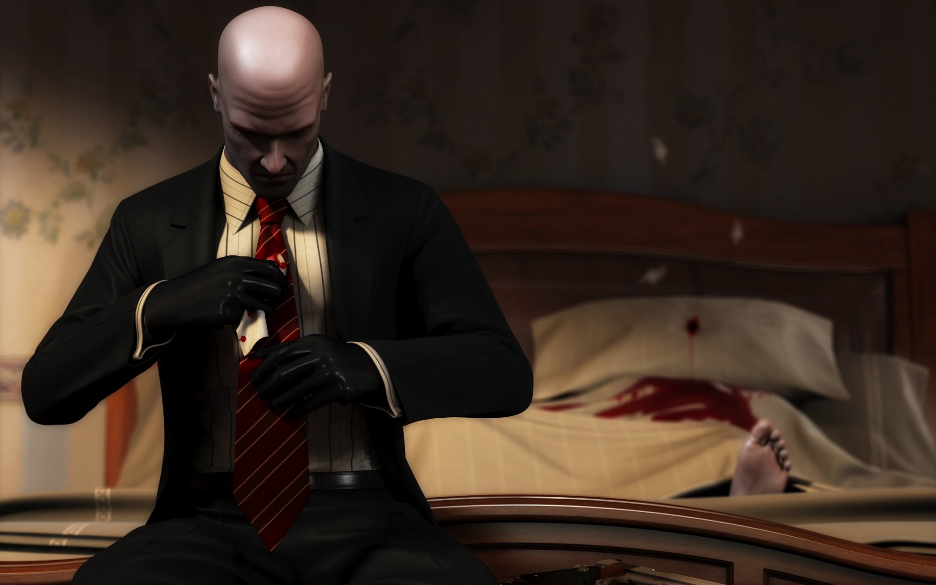 hitman: blood money krwawe pieniądze krew zwłoki pistolet łóżko noga garnitur rękawiczki krawat