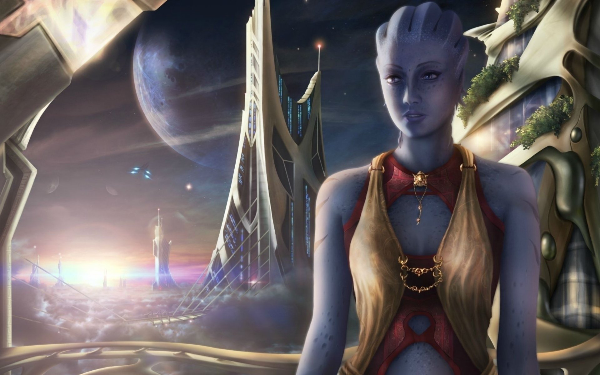 fan art mass effect liara asari città thessia pianeta nave nuvole vista