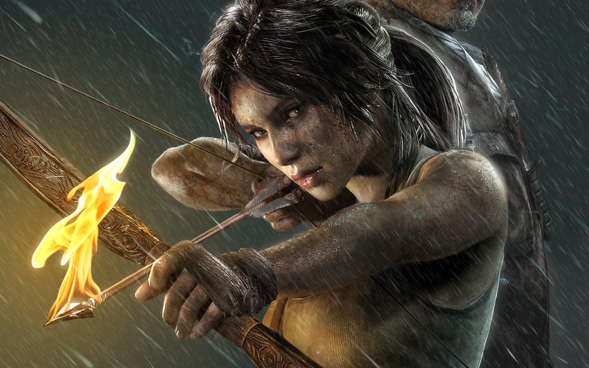 tomb raider lara croft jeu fille flèche feu pluie