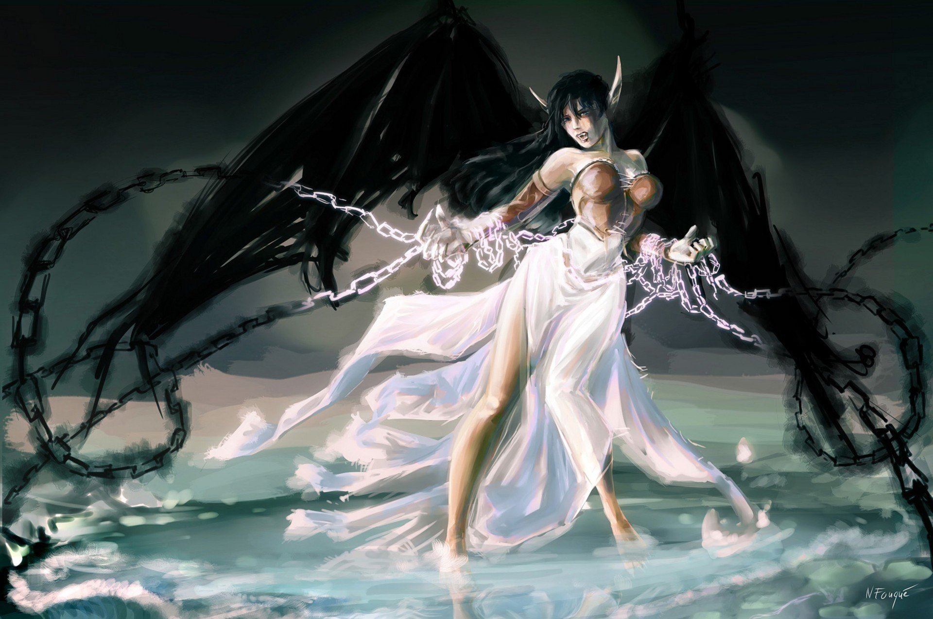 art nfouque league of legends morgana dziewczyna skrzydła łańcuchy woda