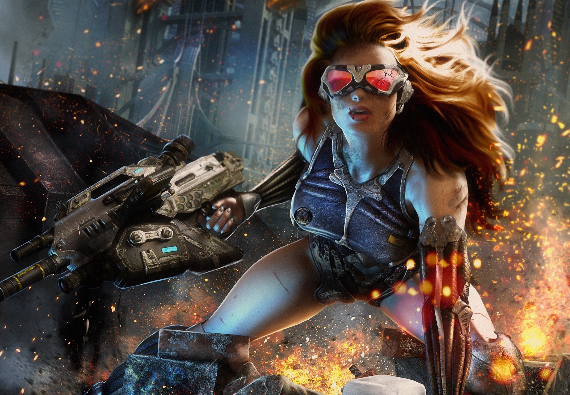 art crysis 4 fille lunettes fissure arme ville étincelles automate blessure cicatrice