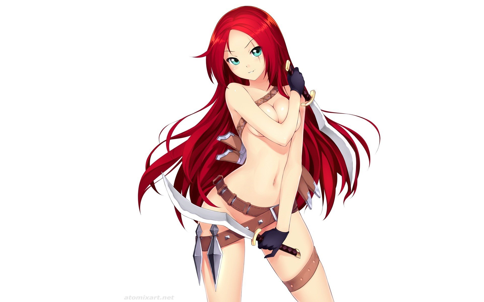 arte atomix league of legends katarina sfondo bianco ragazza armi lame coltello pugnale cinture nudo