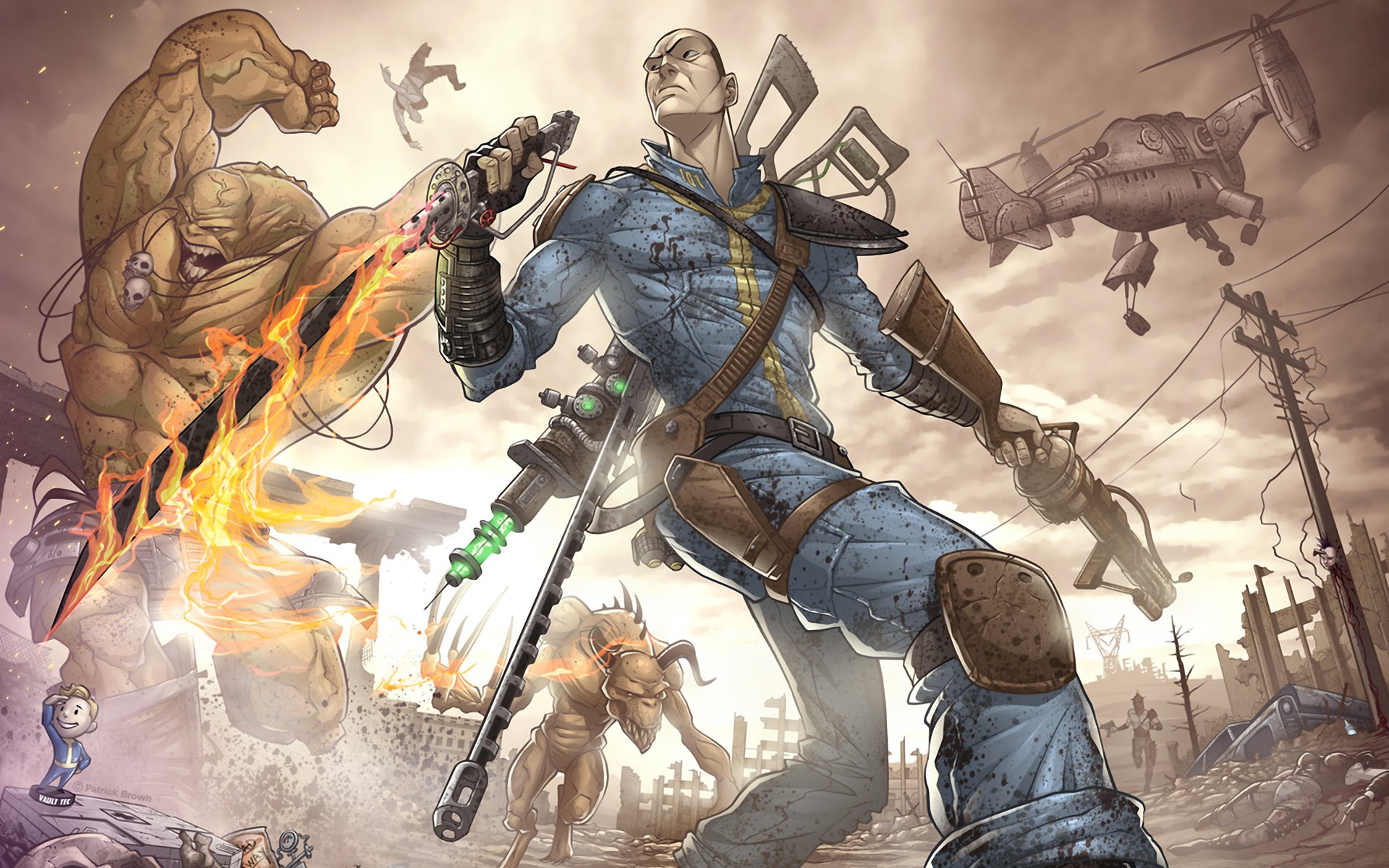 fallout hombre arma monstruo mutante bandidos ruinas apocalipsis