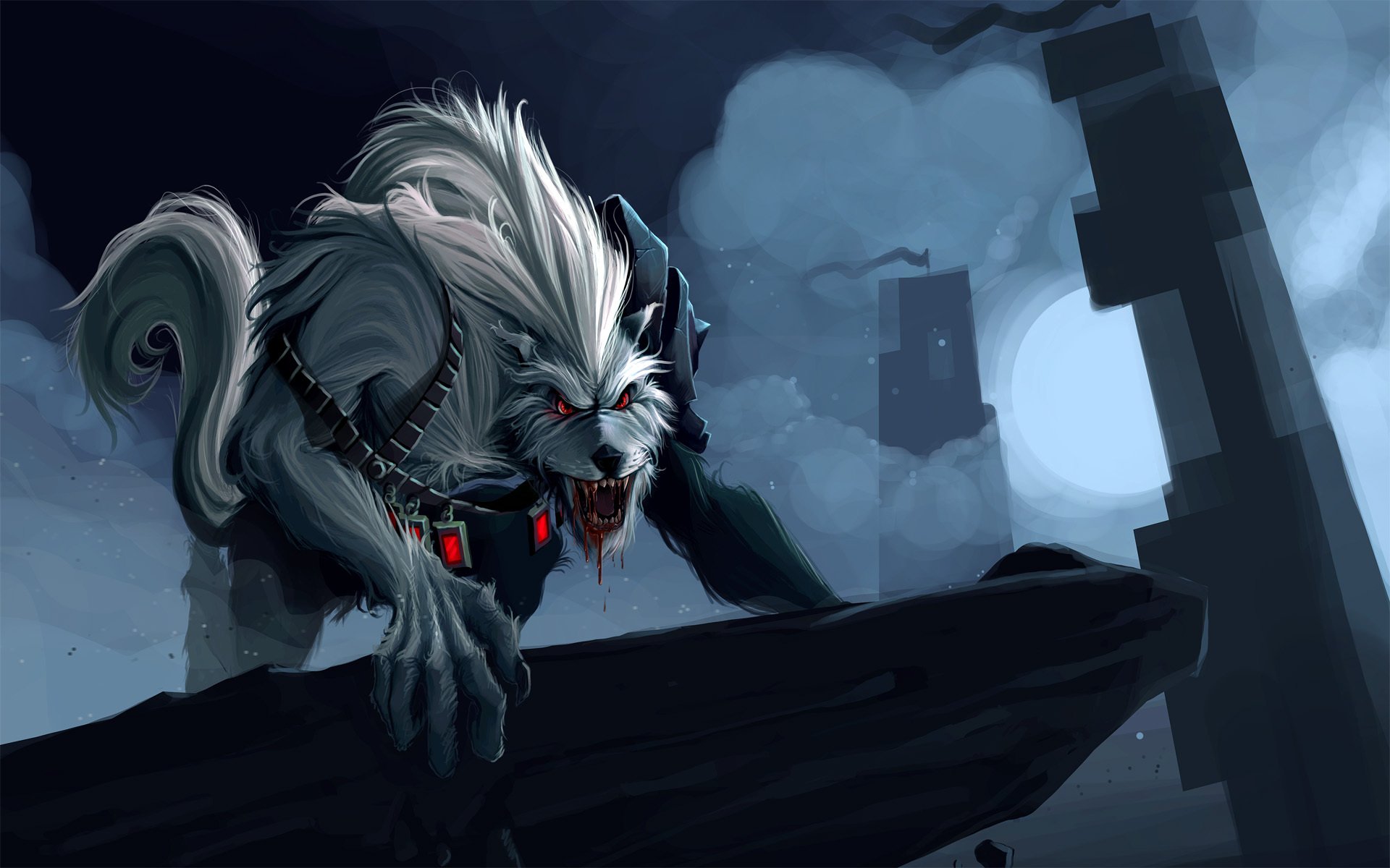 league of legends warwick arte roccia bocca sangue lupo luna