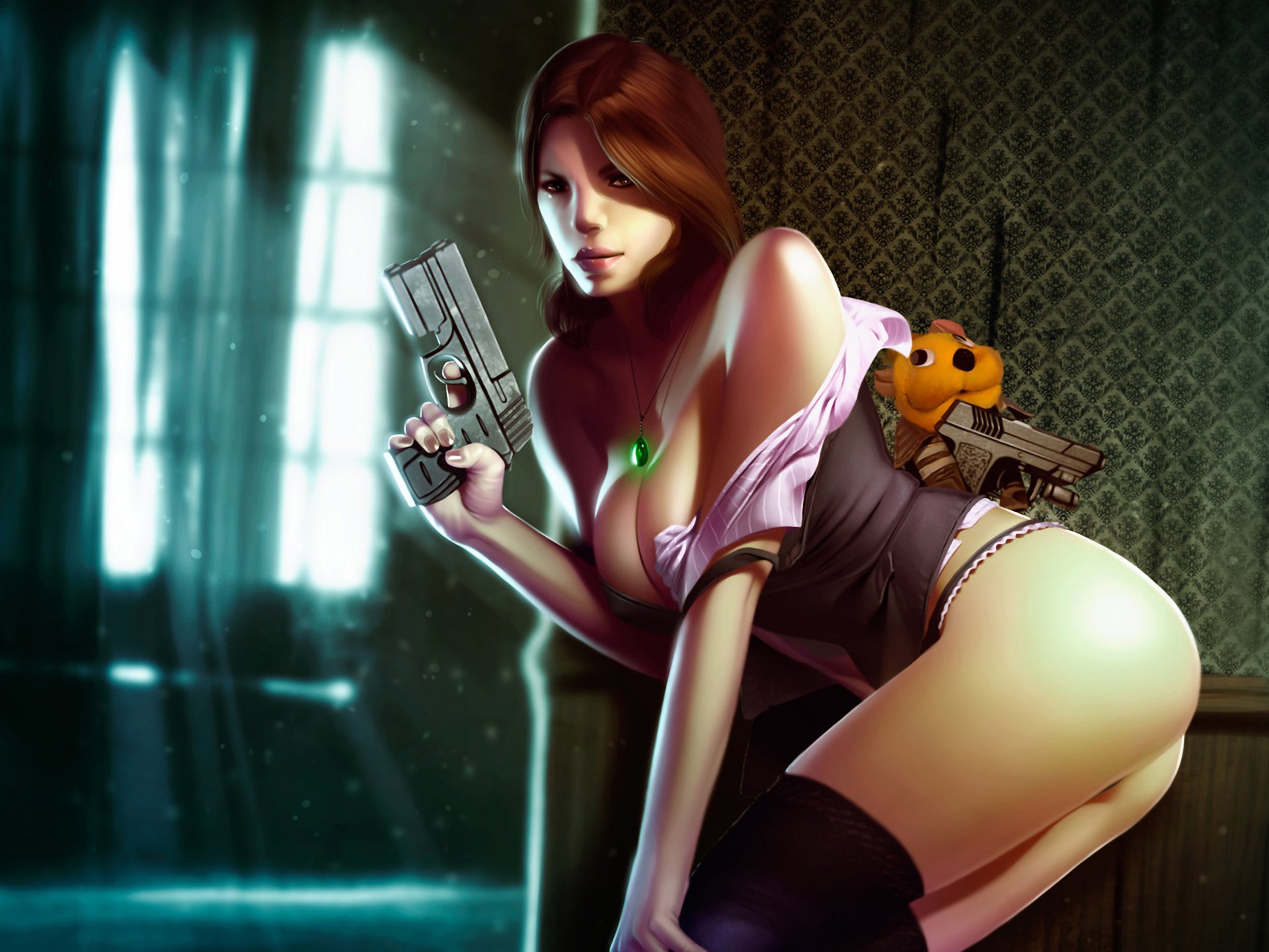 resident evil elena harper fanart dziewczyna pistolet wisiorek zabawka korytarz światło