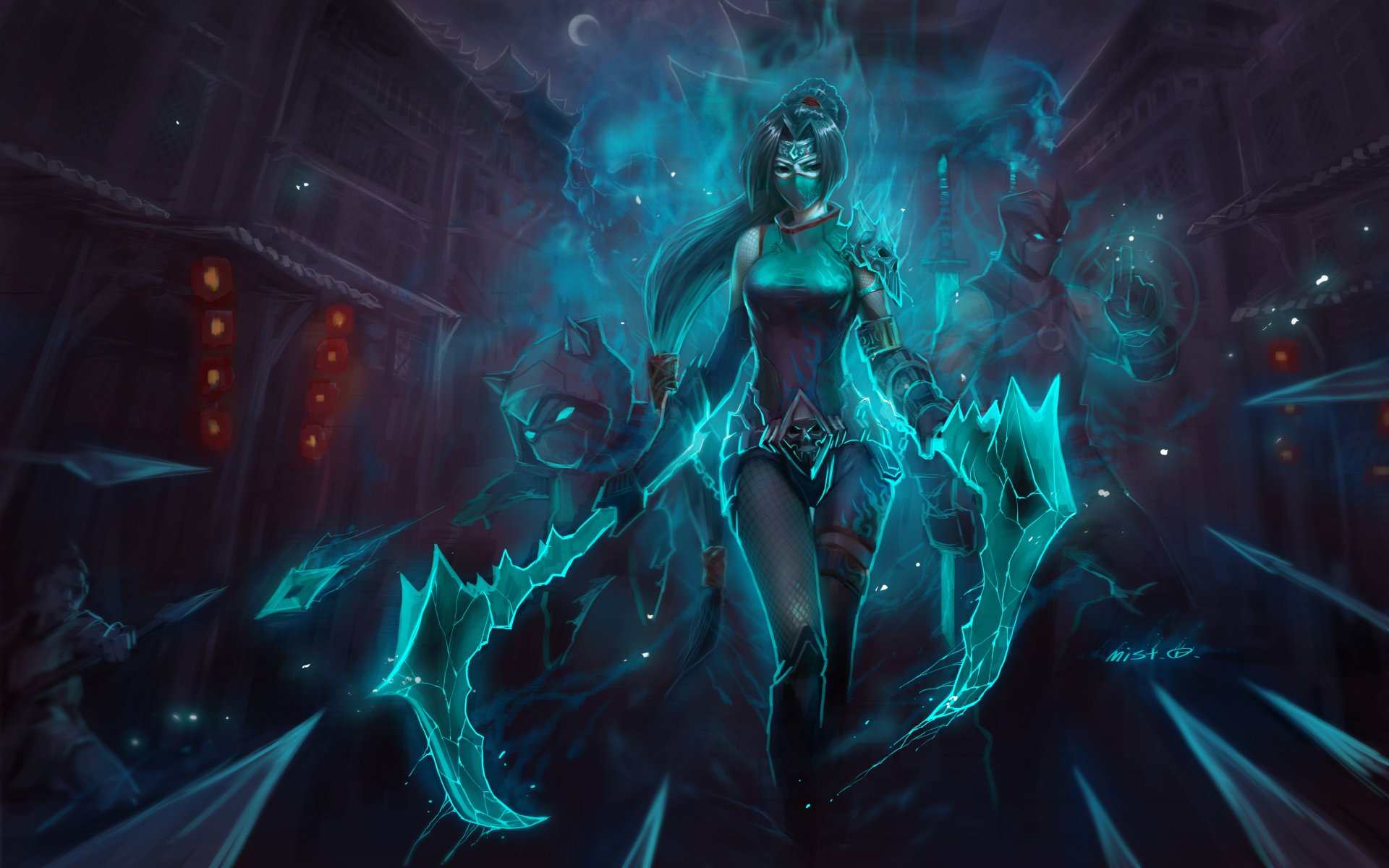 liga de leyendas akali kennen shen chica máscara arma noche