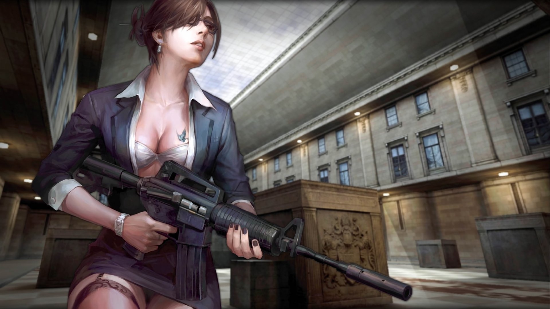 counter-strike online mädchen gewehr tattoo strümpfe dekolleté gebäude kisten