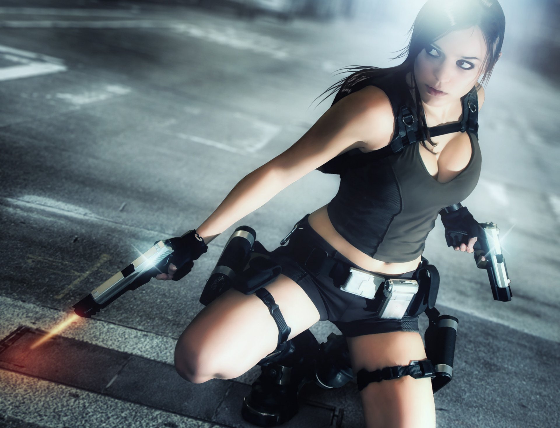 lara croft tomb raider gra dziewczyna charlie brusseau broń pistolety koszulka twarz włosy wygląd plecak