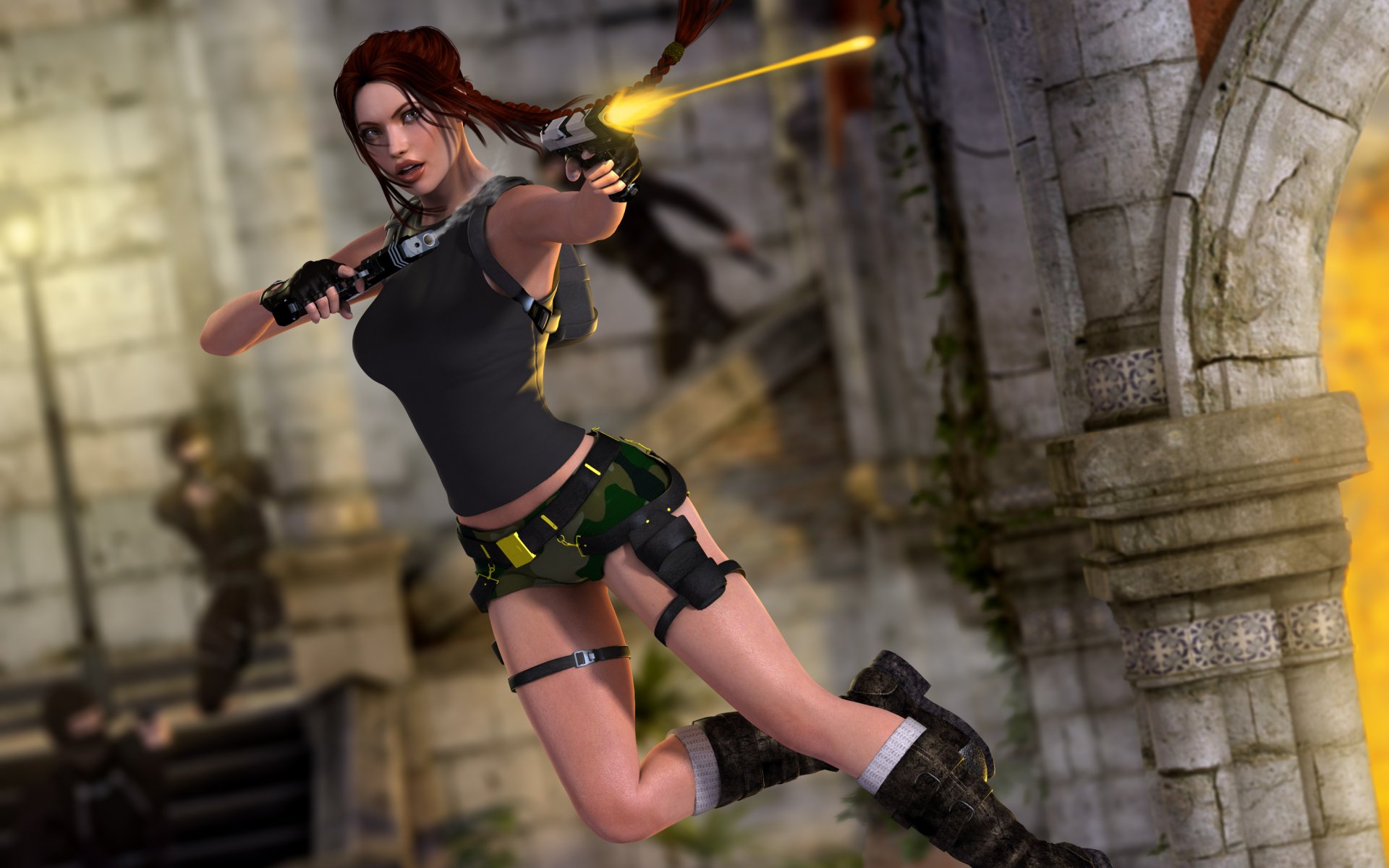 tomb raider lara croft mädchen pistolen schuss sprung ruinen rendering