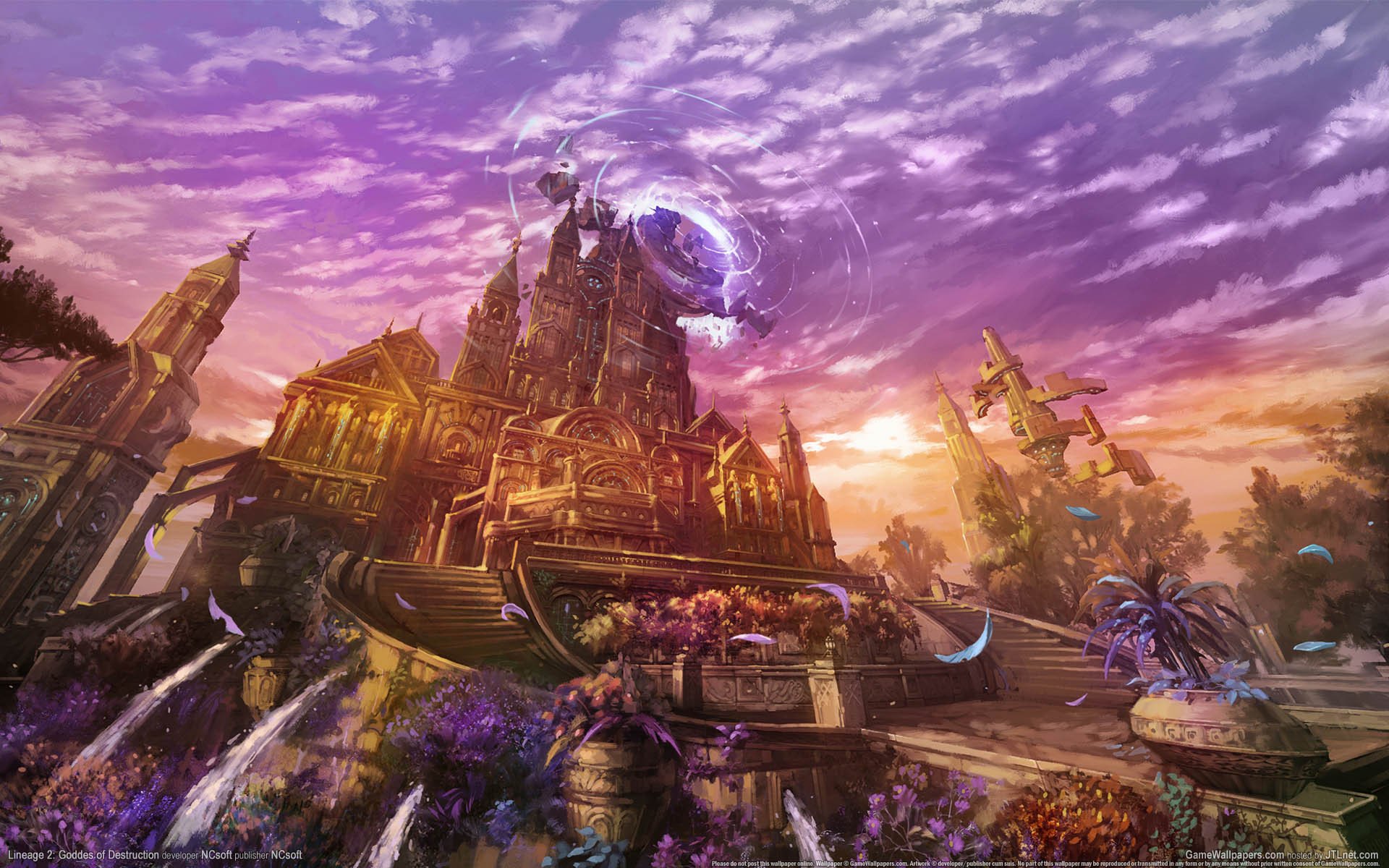 lineage 2 : goddess of destruction wallpaper games fantasy city sunset magic flowers castle sky clouds ruler goddess of destruction square palace stair