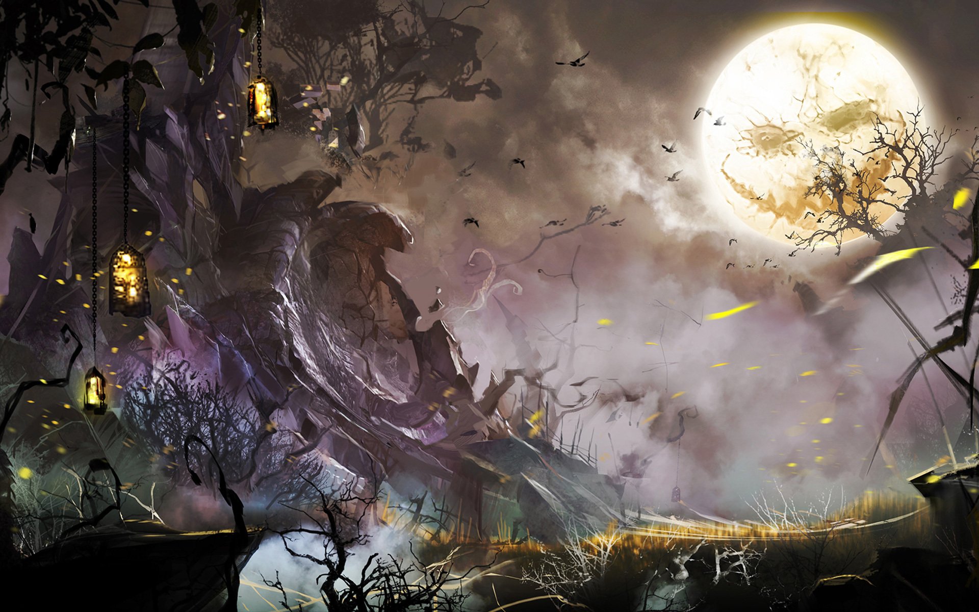 guild wars 2 halloween kunst nacht mond gesicht laternen vögel bäume gruselig