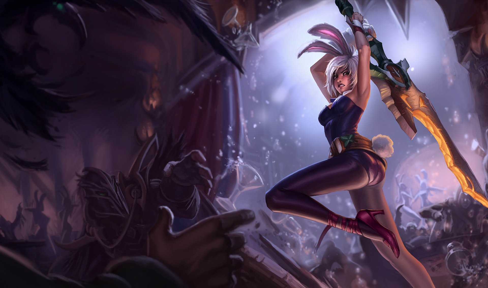 league of legends lol zerrissen mädchen ohren schwanz schwert schwung party szene