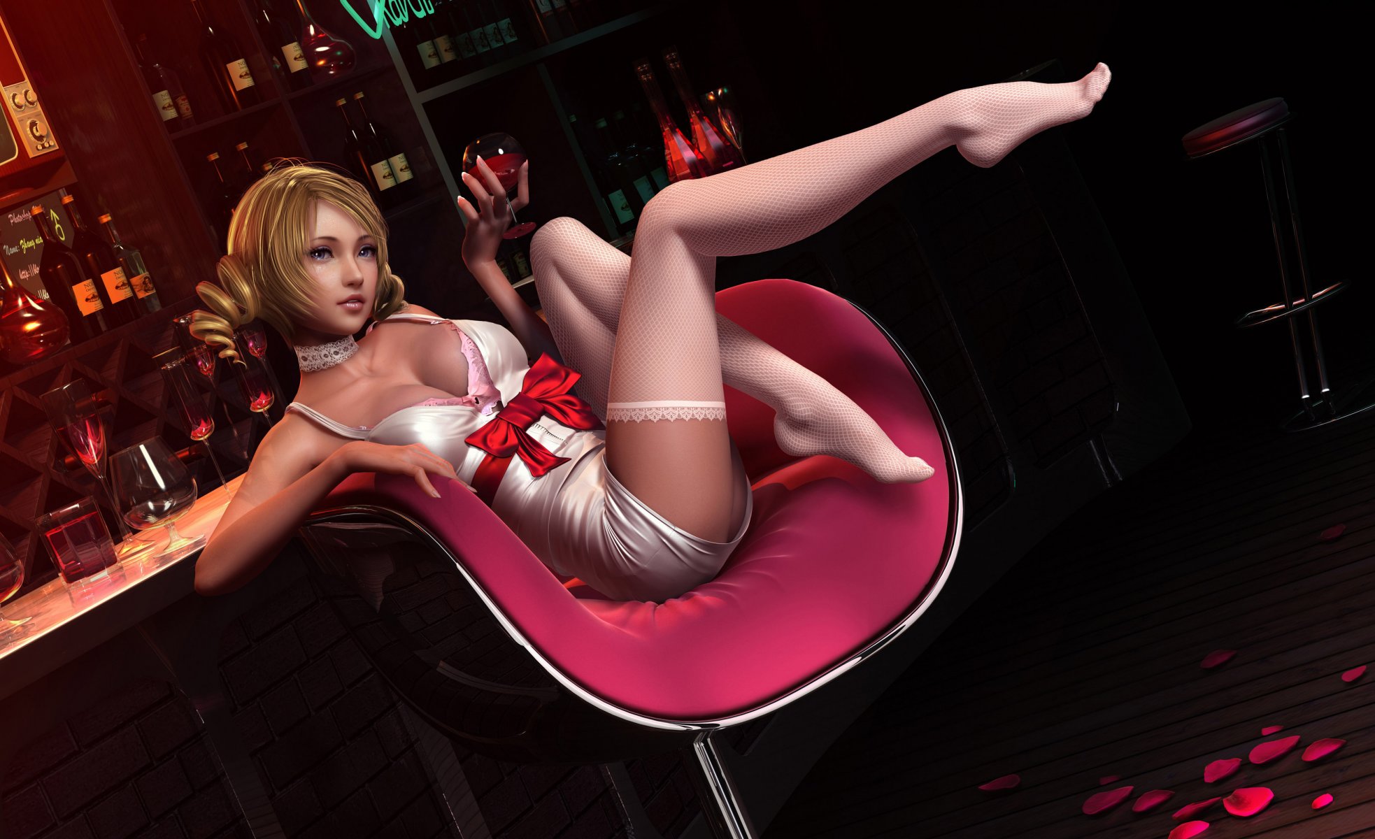 art catherine catherine fille bas bar vin verre ruban arc rouge fauteuil pétales