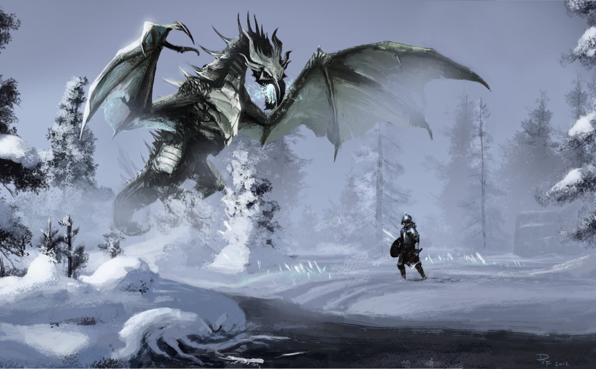 арт skyrim зима снег дракон воин река речка лес магия