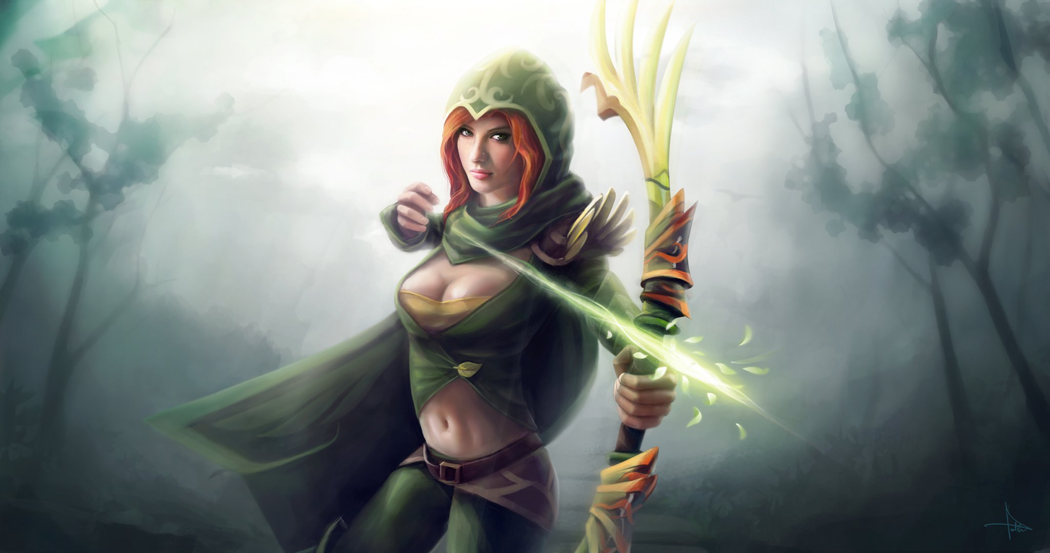 arte dota 2 ragazza arco arciere freccia magia cappuccio foresta rossa