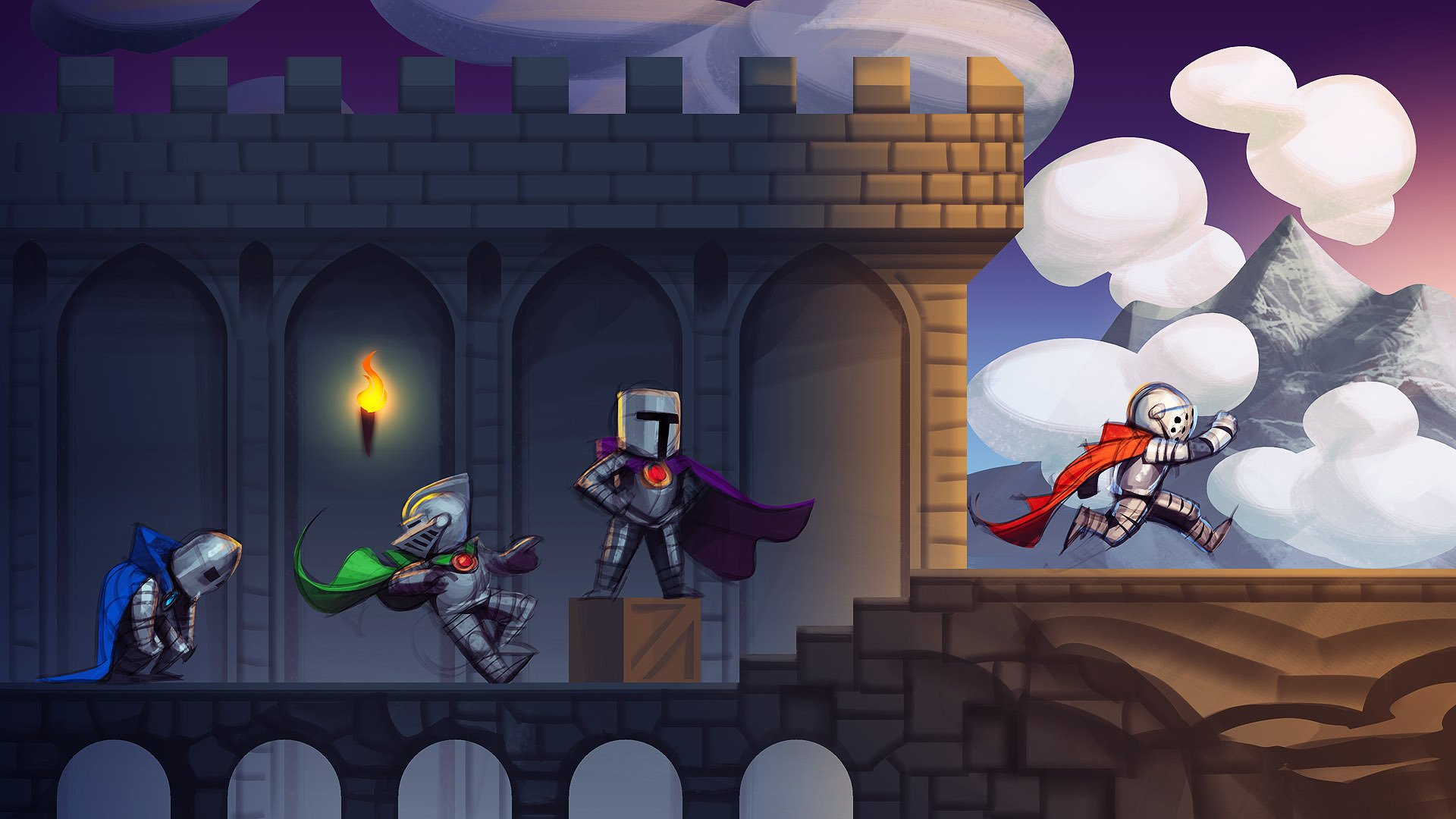 art château jeu niveau chevaliers jeu de plateforme 2d pont boîte boîte manteau armure nuages