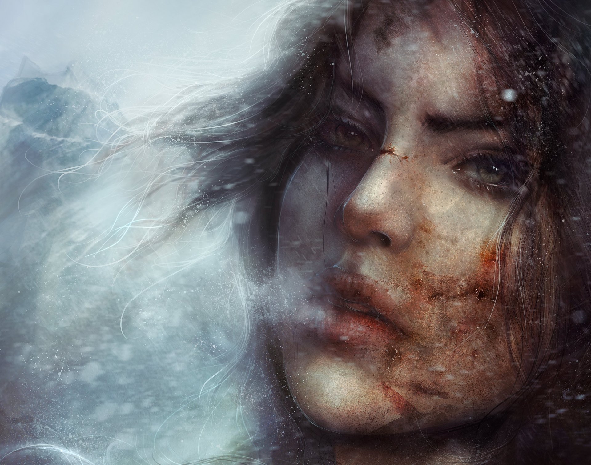 lara croft tomb raider art jeu fille visage yeux regard lèvres vapeur froid neige hiver anomalie